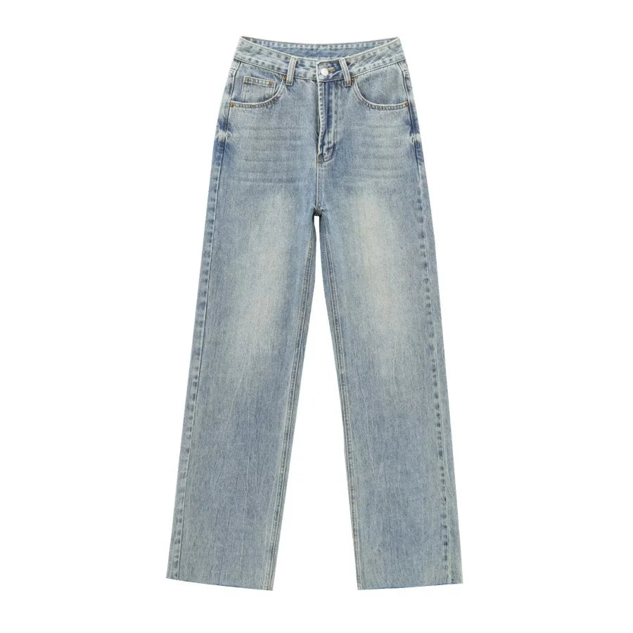 TRAF Wide-leg high-waisted jeans  women's classic everything with five pockets washed soft comfortable ultra-long jeans6045022-belleandkai.com