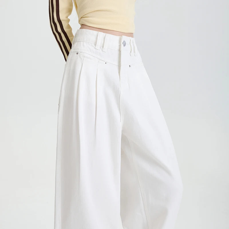 Woman Jeans High Waist Wide Leg Cotton Denim Clothing Design Sense Straight Pant Fashion Comfort White Retro Blue Casual Trouser-belleandkai.com