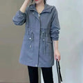 Women Windbreaker Jackets 2025 New Autumn Winter Mid-Length Loose Coat Hooded Lace-up Female Jacket Plus Velvet Warm Outwear Fe-belleandkai.com