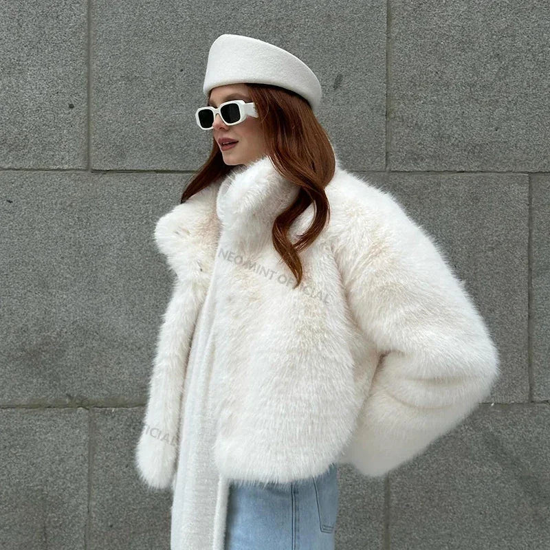 Neo Mint 2024 Winter Women Yellow Faux Fur Jacket Chic Girls Fashion Streetwear Thicken Warm Stand Collar Fox Fur Coat Outerwear-belleandkai.com