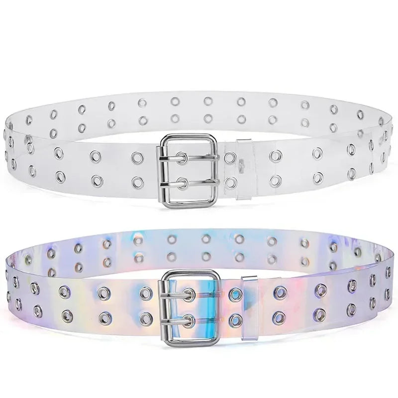 Women Summer Fashion Creative Gifts Waistband Transparent Two Row PVC Belt Laser Invisible Square Pin Buckle Multi Hole Belts-belleandkai.com