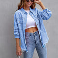 Fashion Broken Holes Solid Color Denim Jacket Ladies Comfortable Casual Loose Button Cardigan Coat Streetwear Women's Outerwear-belleandkai.com
