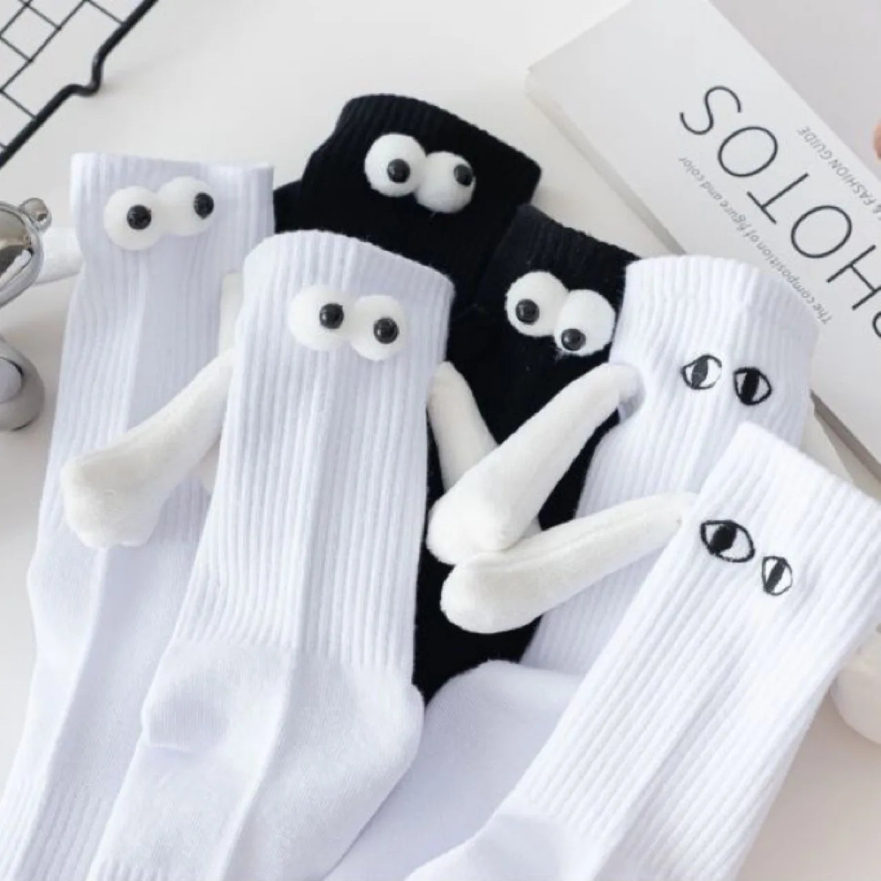 Magnetic Socks with Hands Women Men Fashion Black White Funny Cute Cartoon Eyes Couple Mid-tube Socks for Gifts-belleandkai.com