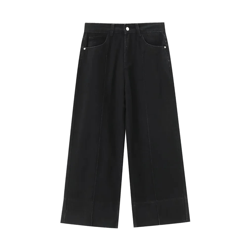 Summer New Product Casual Women's Fashion Solid Color Versatile Loose Simple High Waist Wide Leg Jeans-belleandkai.com