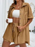 2024 Summer Fashion Sports Casual Cotton Linen Two Piece Set for Women's Single Breasted Shirt Elastic Waist Short Two Piece Set-belleandkai.com