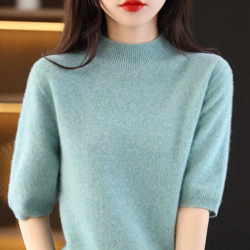RONGYI Seamless Cashmere Sweater Knitted Women's Clothing 100% Pure Wool Short-Sleeved 2022 Spring Five-Quarter Sleeve  Pullover-belleandkai.com