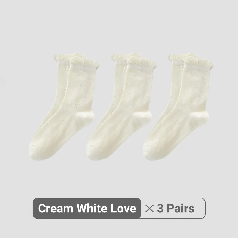 Women White Cream Lace Stackable Mid Calf Socks Bow Heart Star Design K-Style Spring Summer Thin Socks-belleandkai.com