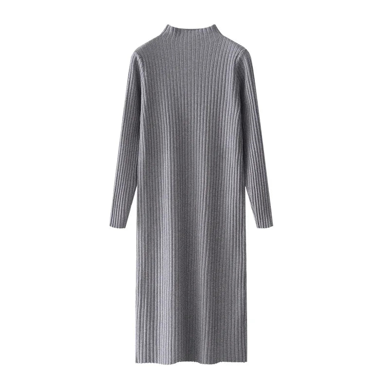Women Autumn Winter Casual Mock Neck Solid Dress Inner Layer Long Sleeved Knit Dress Loose Mid-Length Versatile Sweater Dress-belleandkai.com