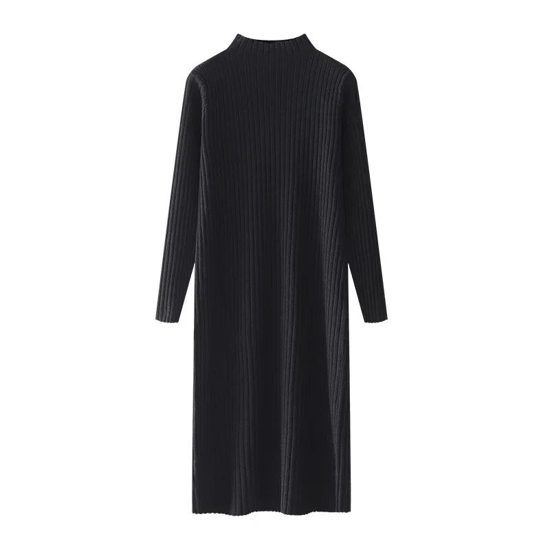 Women Autumn Winter Casual Mock Neck Solid Dress Inner Layer Long Sleeved Knit Dress Loose Mid-Length Versatile Sweater Dress-belleandkai.com
