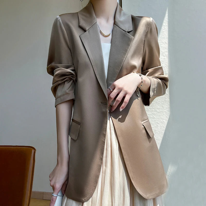 Women Blazers Spring Summer New Fashion Korean Silk Satin Suit V-neck Loose Top Jacket Single Button Suit Blazers Outerwear-belleandkai.com
