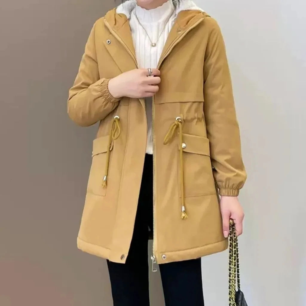 Women Windbreaker Jackets 2025 New Autumn Winter Mid-Length Loose Coat Hooded Lace-up Female Jacket Plus Velvet Warm Outwear Fe-belleandkai.com