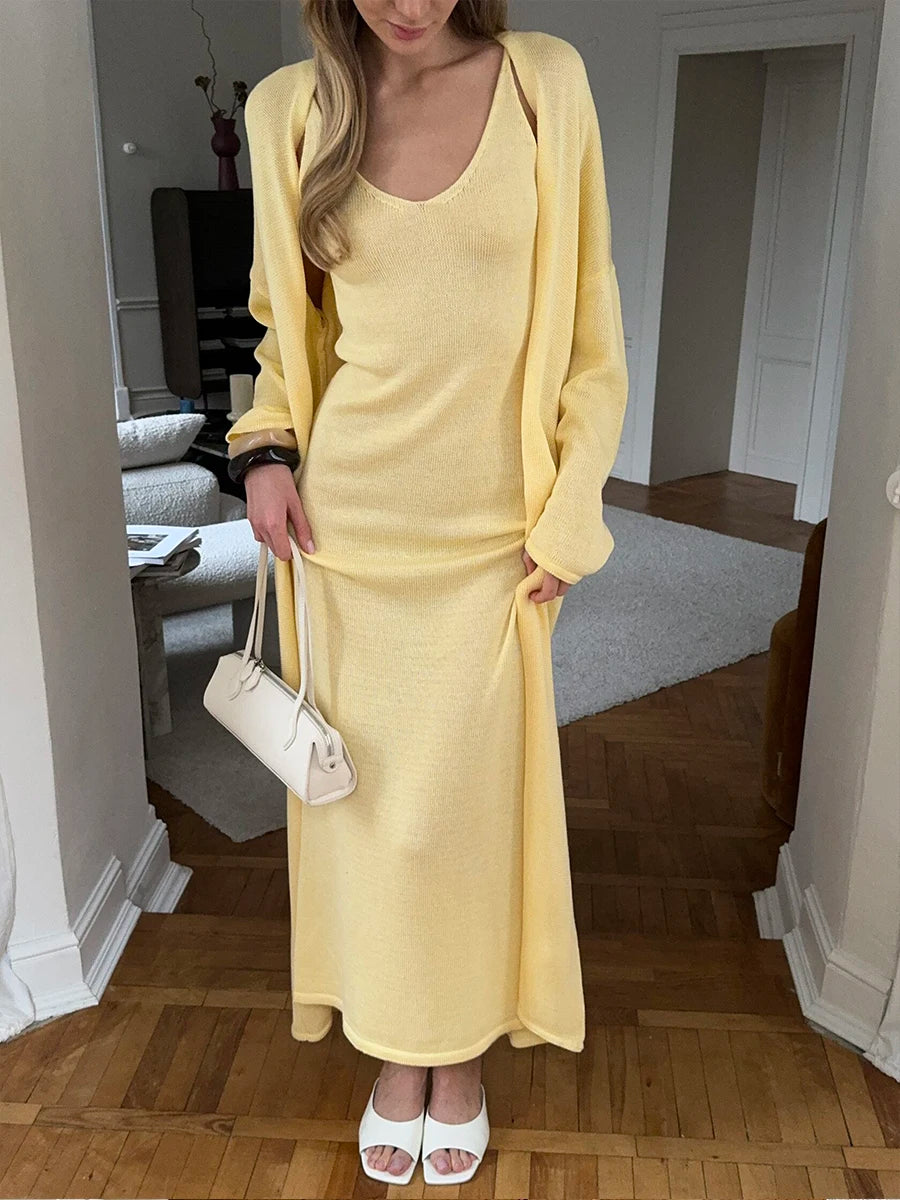 Hirsionsan Soft Loose Sets Women Three Pieces Long Sleeve Cardigan & Sexy Vest Dresses Elegant Female Hollow Outfits Tracksuit-belleandkai.com