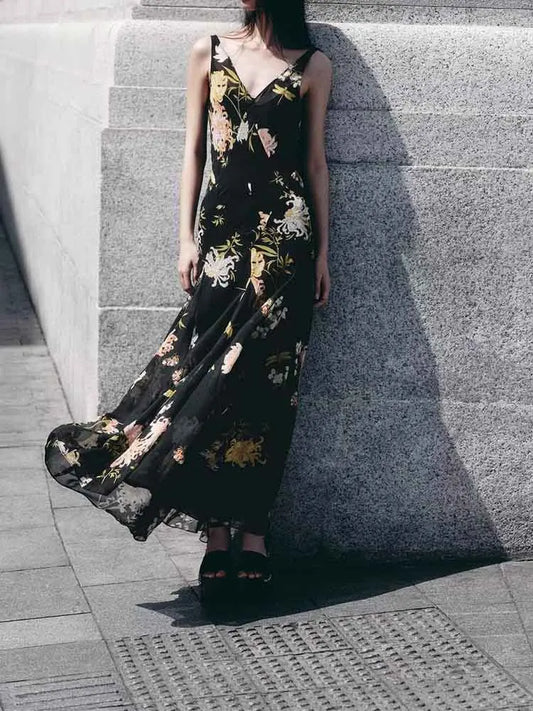 European style new women's fashion versatile temperament suspender print sleeveless v-neck long dress-belleandkai.com
