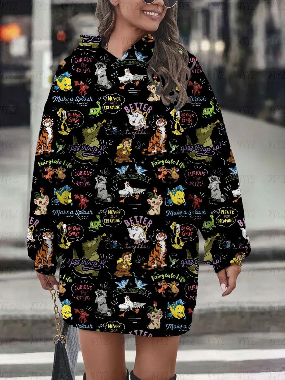 Women's hooded pullover sweatshirt fashion loose autumn and winter hoodie Disney chic retro print long-sleeved dress-belleandkai.com