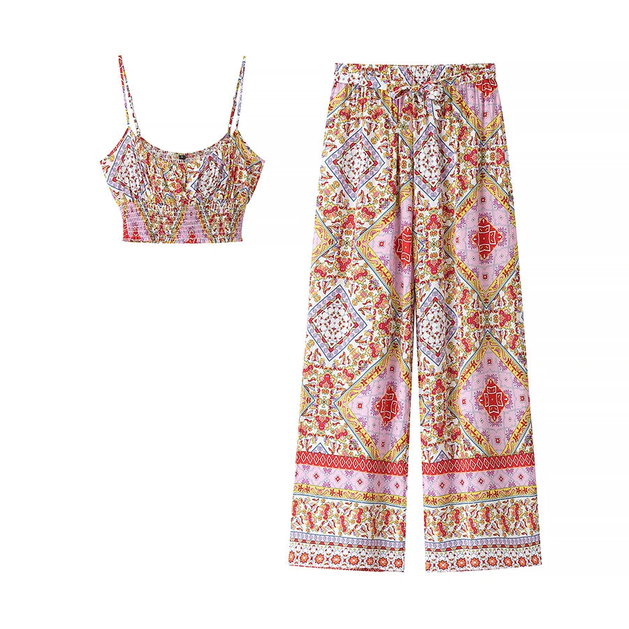 TRAFZA Summer Women Boho Two Piece Print Outfits Strap Sleeveless Tops High Waist Drawstring Trousers Holiday Beach Lady Sets-belleandkai.com