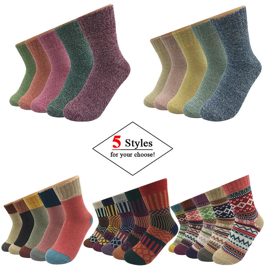 5 Pairs/Lot Wool Socks Women Winter Japanese Harajuku  Bohemian Cashmere Warm Colorful Socks Ladies Girl Christmas Gift 5 Styles-belleandkai.com