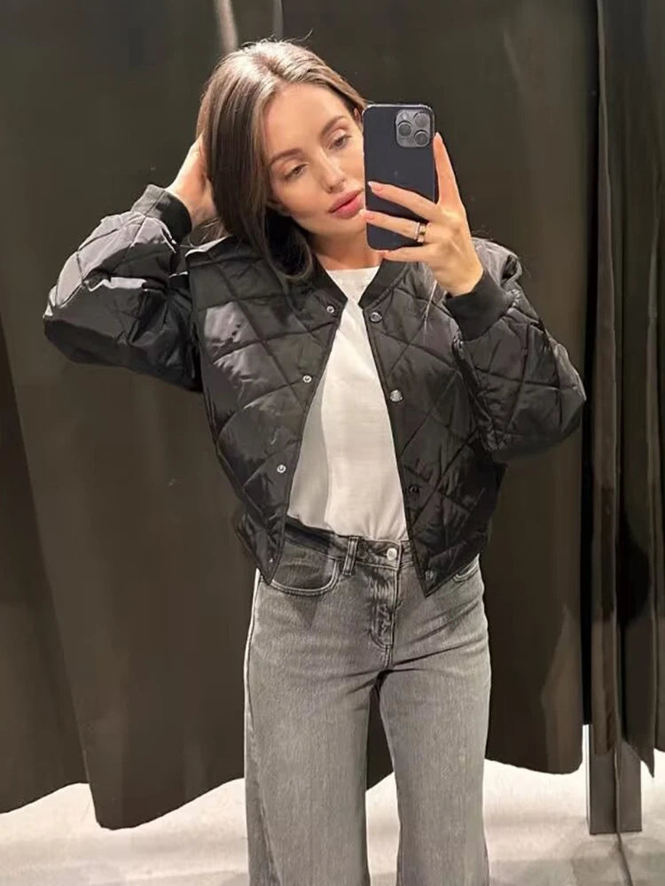 TRAF 2025 Women's Fashion Bomber Jacket Autumn Winter Short Parka Coat Vintage Long Sleeve Streetwear Casual New In Jackets-belleandkai.com