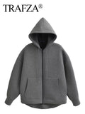 TRAFZA Autumn Women Gray Jacket With Hood Long Sleeve Big Pocket Zipper Jacket Coat Woman Loose Casual Outerwear Coat Tops-belleandkai.com
