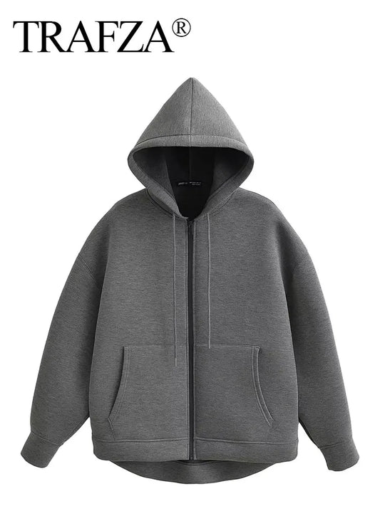 TRAFZA Autumn Women Gray Jacket With Hood Long Sleeve Big Pocket Zipper Jacket Coat Woman Loose Casual Outerwear Coat Tops-belleandkai.com