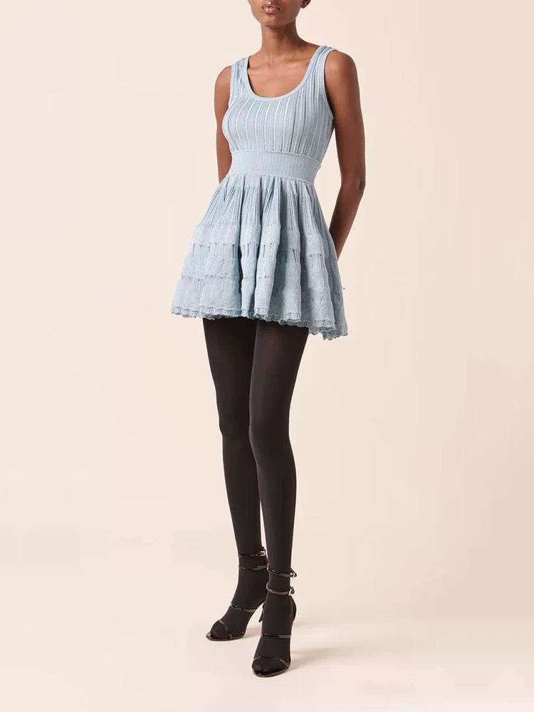 U collar Slim knit short dress temperament elegant hollow A-line women's dresses 2025 Spring New-belleandkai.com