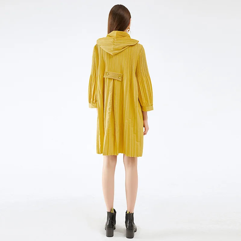 Miyake pleate Pleated Hooded Windbreaker Jacket Fall 2022 Winter New Korean Fashion Double Breasted Loose Women Long Trench Coat-belleandkai.com