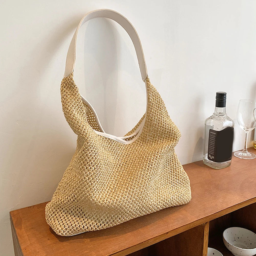 Straw Tote Bag for Women Large Capacity Woven Shoulder Bag with PU Purse Beach Summer Bag Clutch Purse for Vacation Travel-belleandkai.com