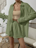 100% Cotton Gauze Muslin Sets For Women 2 Pieces Long Sleeve Shirts And Loose High Waist Mini Shorts Sets Ensemble Femme-belleandkai.com