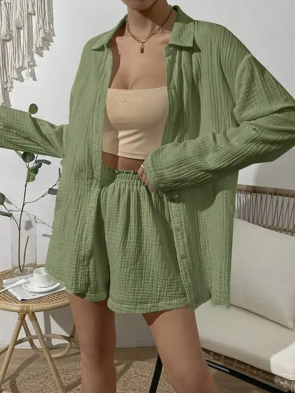 100% Cotton Gauze Muslin Sets For Women 2 Pieces Long Sleeve Shirts And Loose High Waist Mini Shorts Sets Ensemble Femme-belleandkai.com
