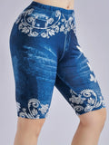 3 Piece Set Of Lmitation Denim Leggings For Women Butterfly Waist Fruit Flower Elastic Shorts High Waist Casual-belleandkai.com