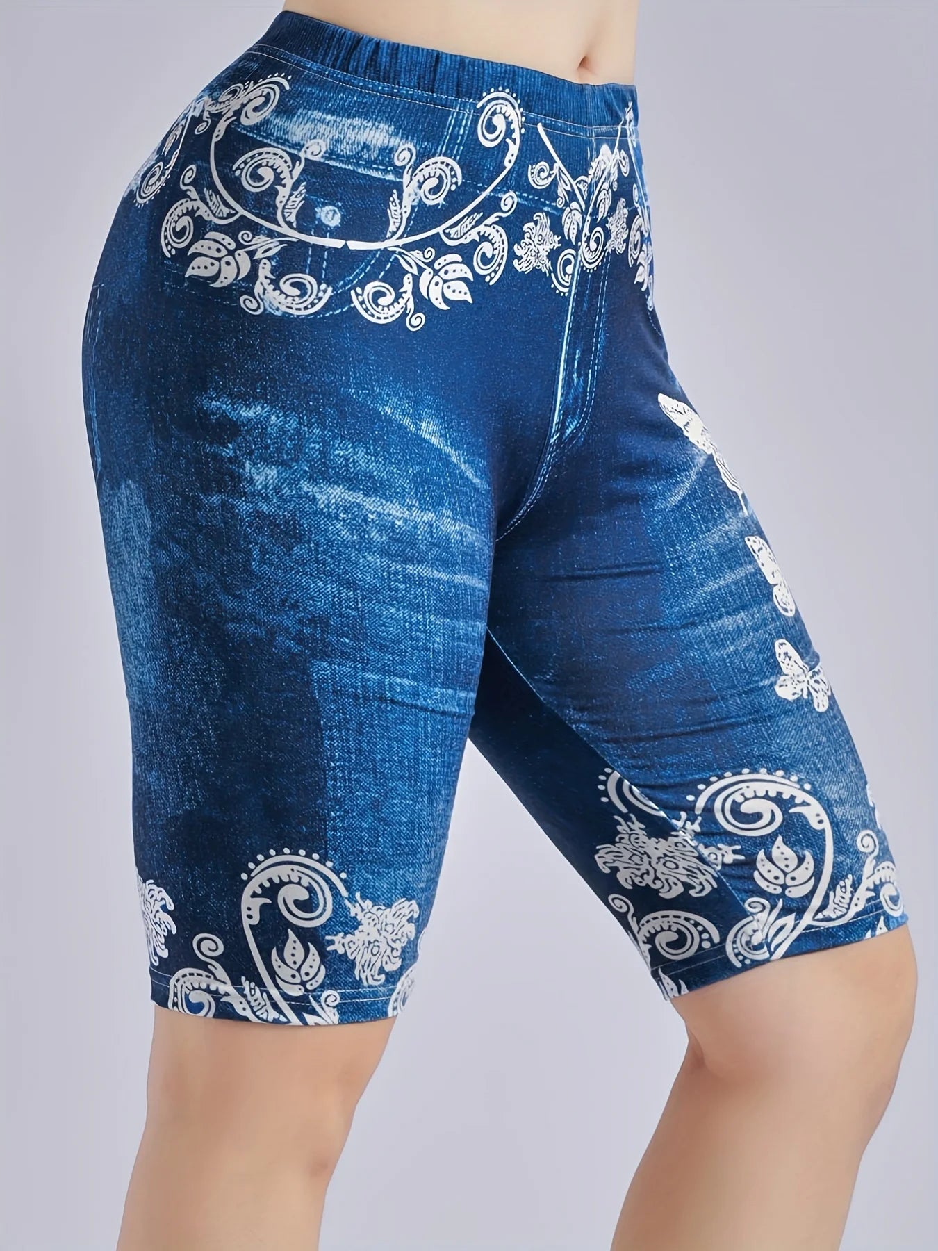 3 Piece Set Of Lmitation Denim Leggings For Women Butterfly Waist Fruit Flower Elastic Shorts High Waist Casual-belleandkai.com