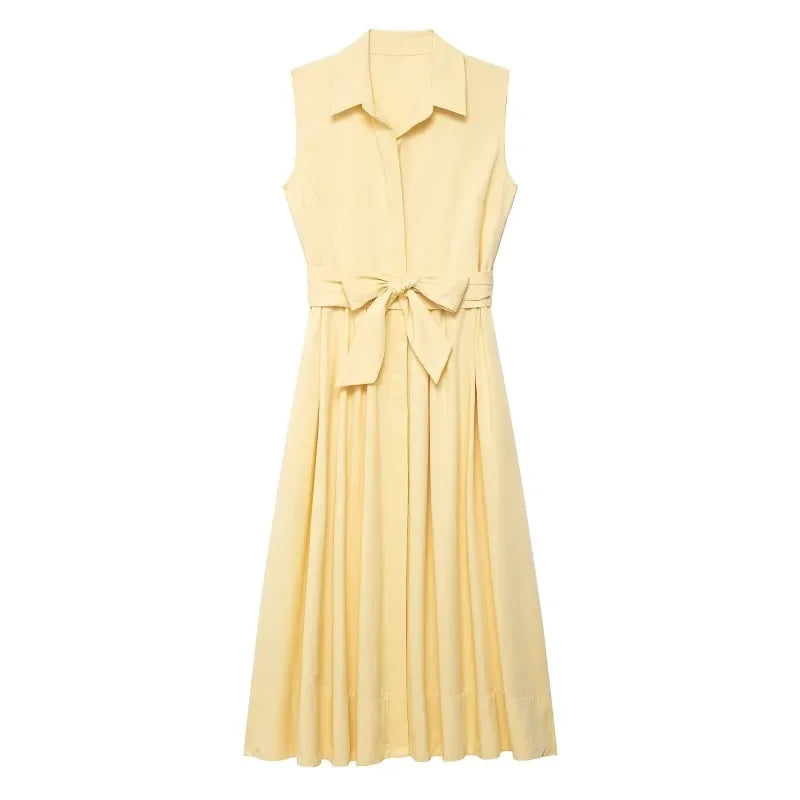 With Belt Midi Dress Elegant Sleeveless Long Summer New Solid Single Breasted Dresses for Women Elegant New Fashion Women Dress-belleandkai.com