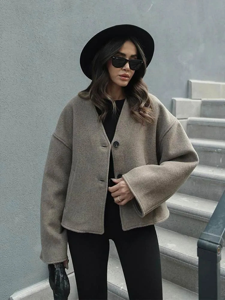 New Women's Coat Top Autumn Streetwear Fashion Button Long Sleeves Coat Solid Sexy V-Neck Casual Slim Versatile Female Clothing-belleandkai.com