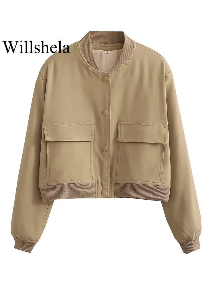 Willshela Women Fashion Solid Bomber Jackets Coat With Pockets V-Neck Single Breasted Long Sleeves Female Chic Lady Outfits-belleandkai.com