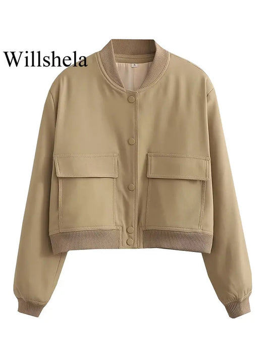 Willshela Women Fashion Solid Bomber Jackets Coat With Pockets V-Neck Single Breasted Long Sleeves Female Chic Lady Outfits-belleandkai.com