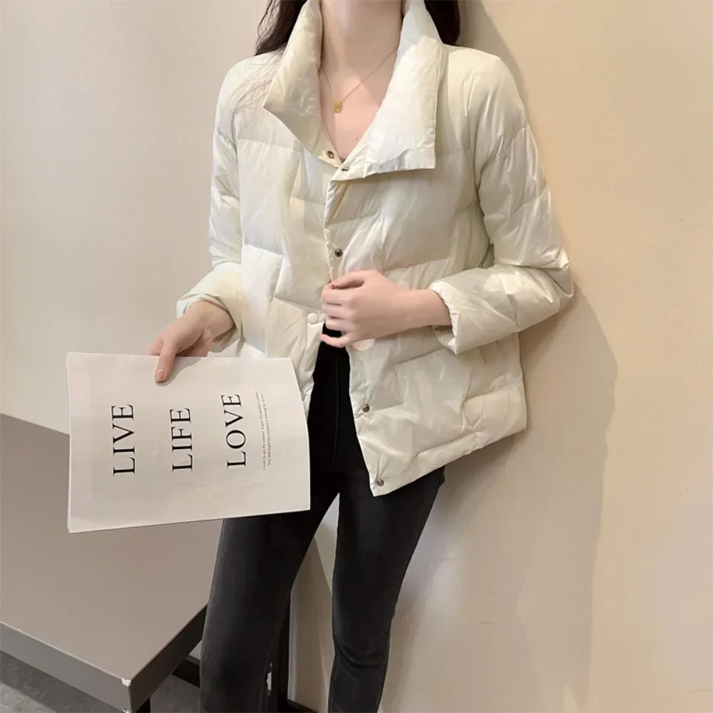 Autumn Winter Down Jacket For Women 2024 Solid Stand Collar Plaid Ultralight White Duck Down Coat Keep Warm Puffer Jacket Female-belleandkai.com