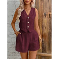 New Arrival Linen Summer Casual Commute Front Button Vest And Shorts Set V Neck Vest Autumn Clothing Women's Fashion Outfit-belleandkai.com