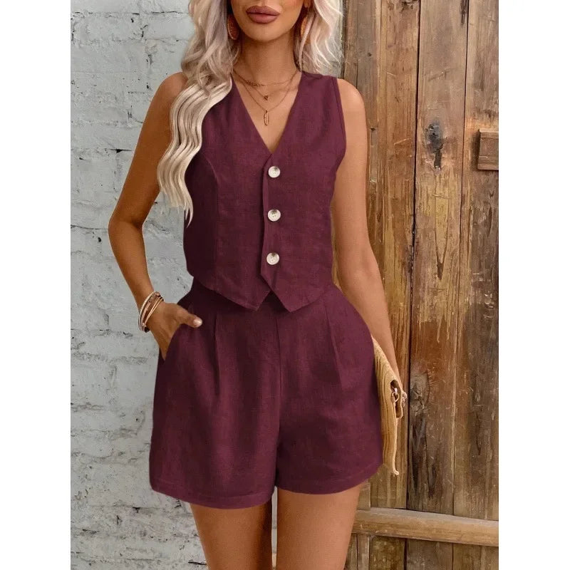 New Arrival Linen Summer Casual Commute Front Button Vest And Shorts Set V Neck Vest Autumn Clothing Women's Fashion Outfit-belleandkai.com