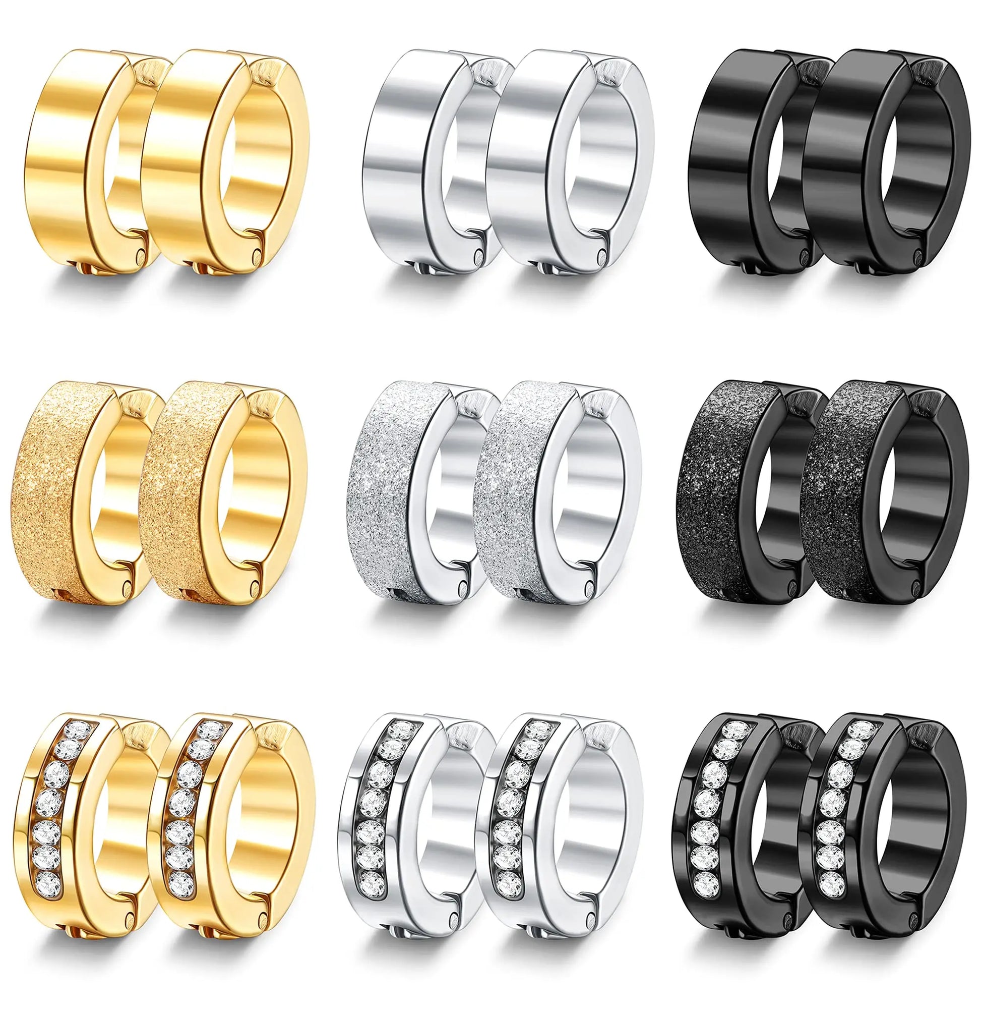 1 Pair/9 Pairs Non-Piercing Earrings Stainless Steel Clip On Hoop Earrings For Men Women Paved CZ Ear Clip Earrings Set-belleandkai.com