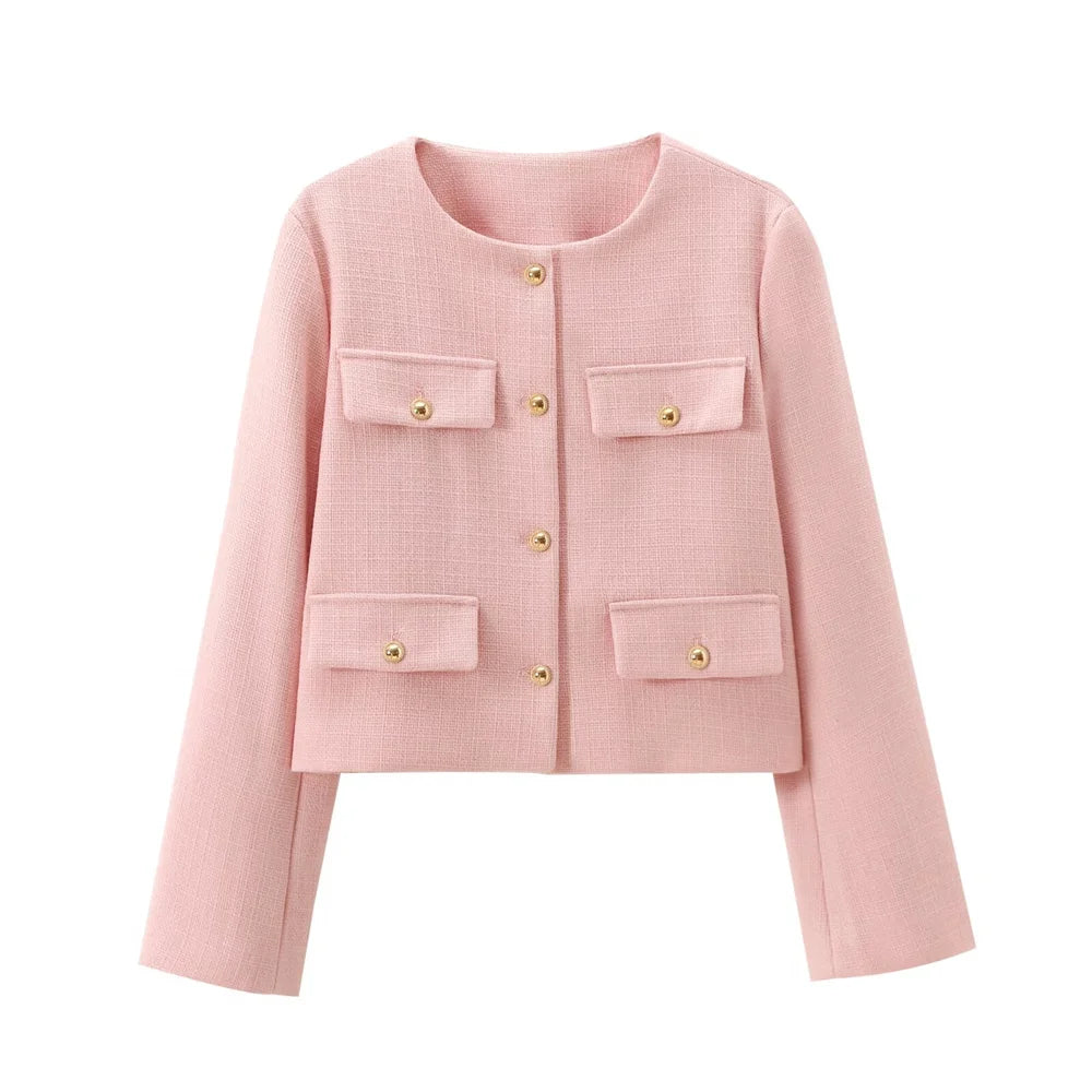UNIZERA Winter New Product Women's Fashion and Casual Versatile Round Neck Flip Decoration Short Suit Coat-belleandkai.com