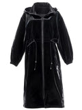 Mauroicardi Spring Waterproof Shiny Reflective Black Hard Patent Faux Leather Coat Women with Detachable Hood Zip Up Streetwear-belleandkai.com