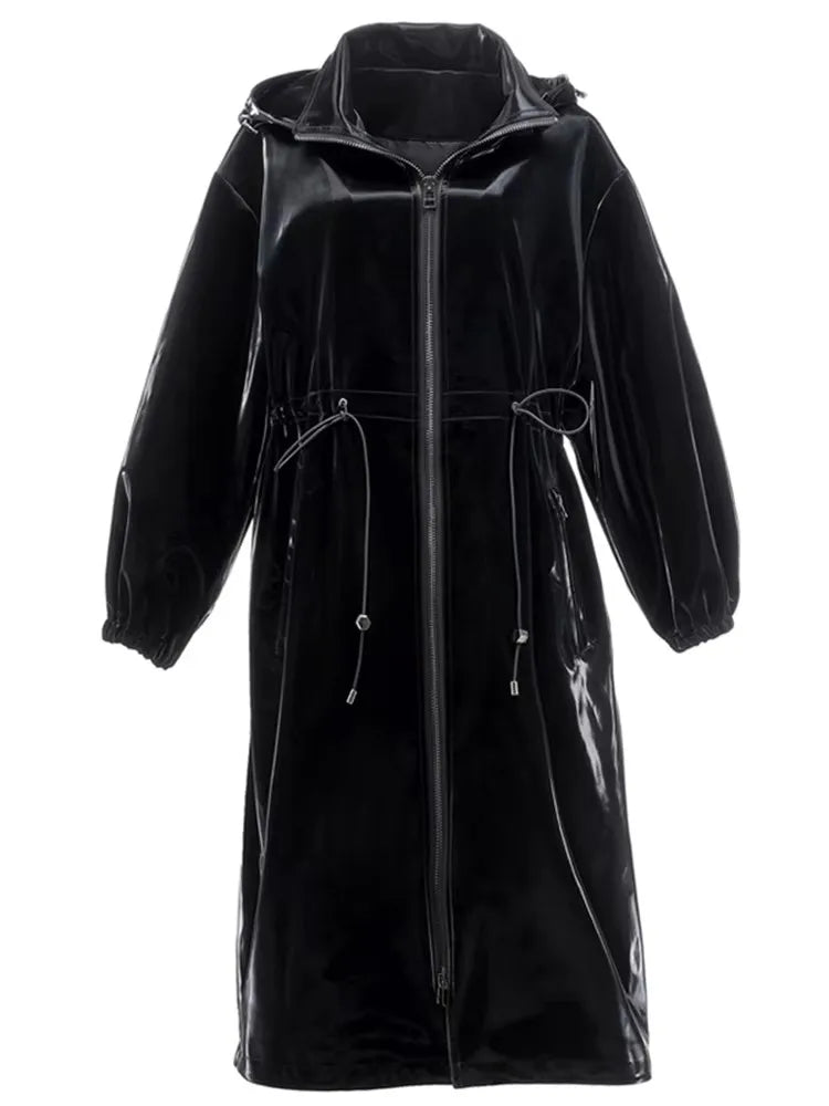 Mauroicardi Spring Waterproof Shiny Reflective Black Hard Patent Faux Leather Coat Women with Detachable Hood Zip Up Streetwear-belleandkai.com