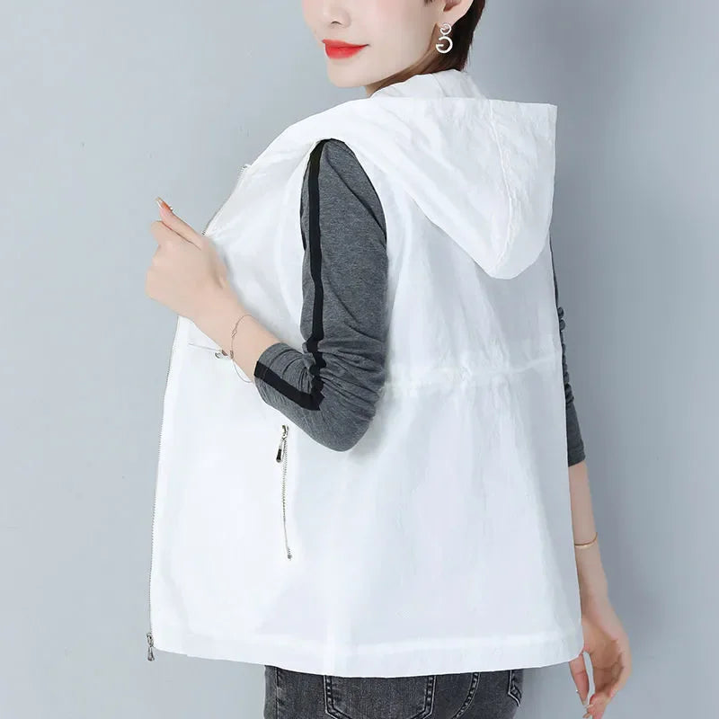 Thin Summer Women's Vest Jacket 2025 New Short Hooded Sleeveless Coat Female Solid color Casual Liner Waistcoat Jackets Tops-belleandkai.com
