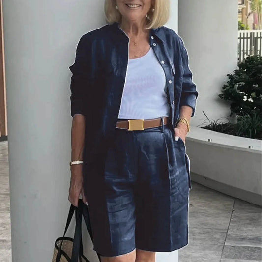Elegant 2-Piece Sets For Women Womens Cardigan Shirt Top Summer Solid Color Casual Shorts Two Piece New In Matching Sets-belleandkai.com