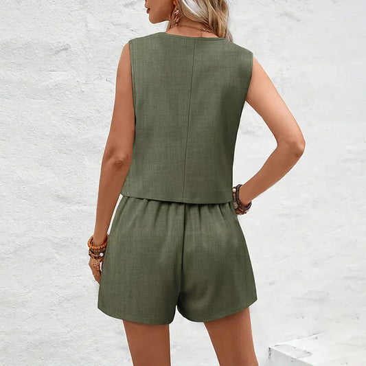 Summer Women Elegant Solid Waistcoat Shorts Set 2024 Sleeveless Vest Top+High Waist Slim Shorts Lady Office Casual 2 Pieces Set-belleandkai.com