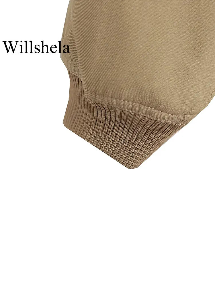 Willshela Women Fashion Solid Bomber Jackets Coat With Pockets V-Neck Single Breasted Long Sleeves Female Chic Lady Outfits-belleandkai.com