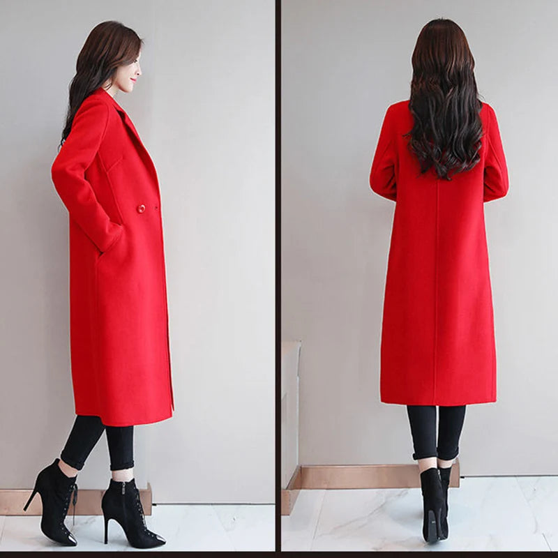 2024 Autumn Winter Women Vintage Coffee Blue Mid-Long Coat Jackets Female Concise Korean Style Loose Outside Thermal Woolen Coat-belleandkai.com