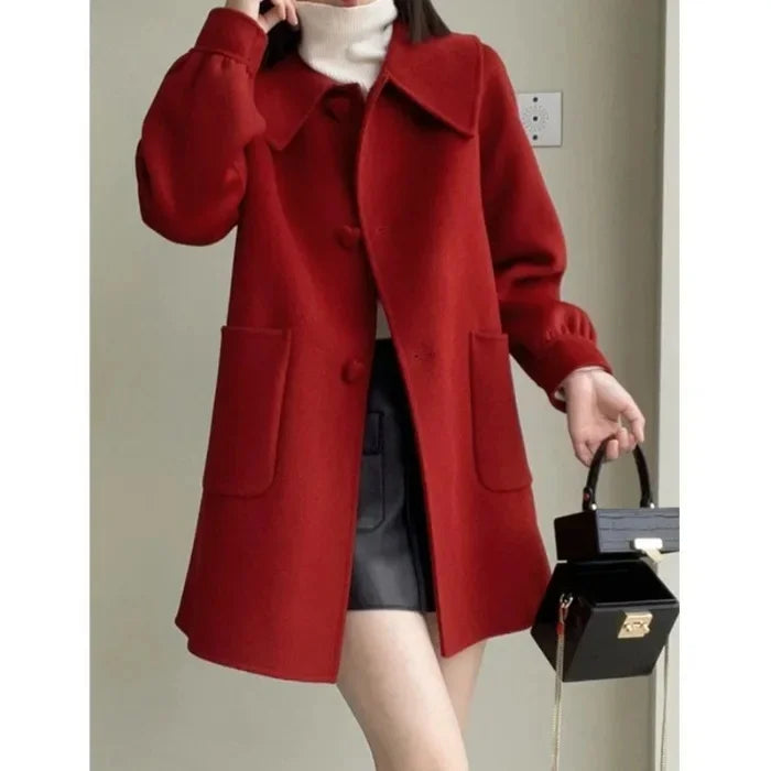 Autumn Winter New Style Slimming Long Coat with Heart Buckle Doll Collar Knitted Outerwear for Women Chinese Brand AE Stock-belleandkai.com