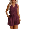 New Arrival Linen Summer Casual Commute Front Button Vest And Shorts Set V Neck Vest Autumn Clothing Women's Fashion Outfit-belleandkai.com