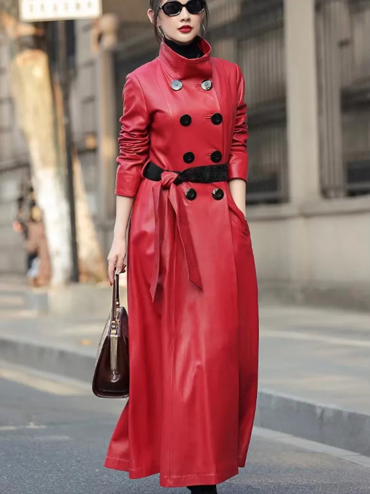 Mauroicardi Spring Autumn Extra Long Soft Pu Leather Trench Coat for Women Sashes Double Breasted Elegant Luxury Chic Overcoat-belleandkai.com