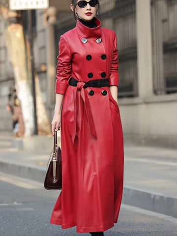 Mauroicardi Spring Autumn Extra Long Soft Pu Leather Trench Coat for Women Sashes Double Breasted Elegant Luxury Chic Overcoat-belleandkai.com